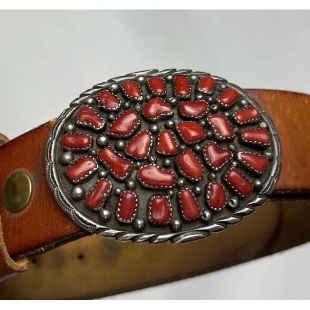 Vintage Gilbert Ortega Navajo Sterling Silver Coral Cluster Belt Buckle Native